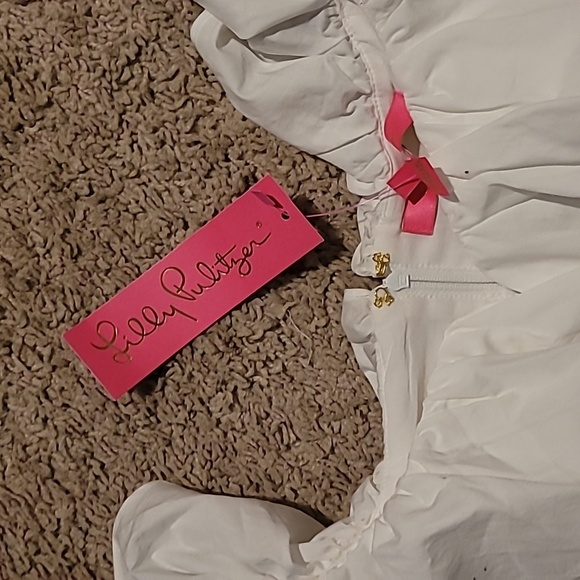 Lilly Pulitzer Emie babydoll Ruffle Top Neon pink, Blue & White Size 10 NWT - Picture 4 of 6